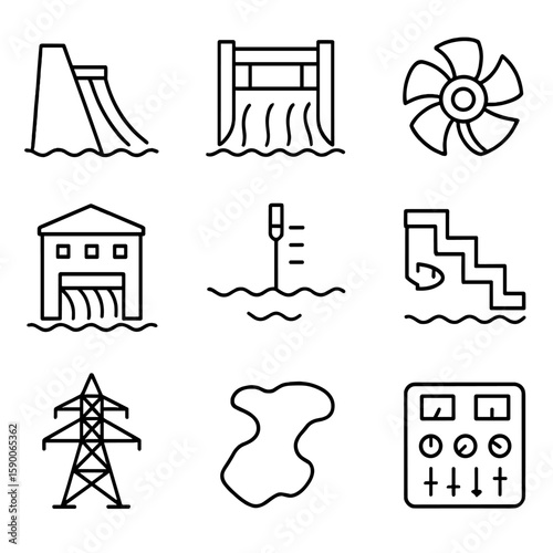 Hydroelectric Dam Icons. Outline style icons of Hydroelectric Dam: dam wall, spillway gate, turbine runner, powerhouse building,
