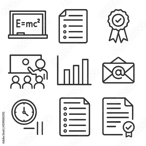 Educator Profile Icons. Outline style icons of Educator Professional Profile: chalkboard icon, lesson plan sheet, certification
