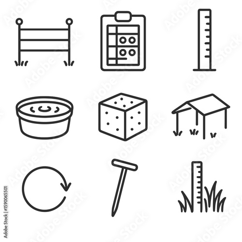 Pasture Icons Collection. Outline style icons of Pasture Management Plan: portable fence, grazing chart, forage ruler, water