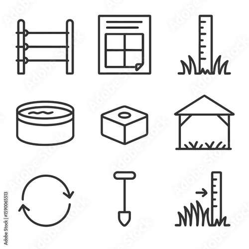 Pasture Icons Collection. Outline style icons of Pasture Management Plan: portable fence, grazing chart, forage ruler, water