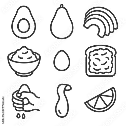 Avocado Icons Collection. Outline style icons of Creamy Avocado Bar: Hass avocado half, Fuerte whole, sliced fan, mashed guacamole