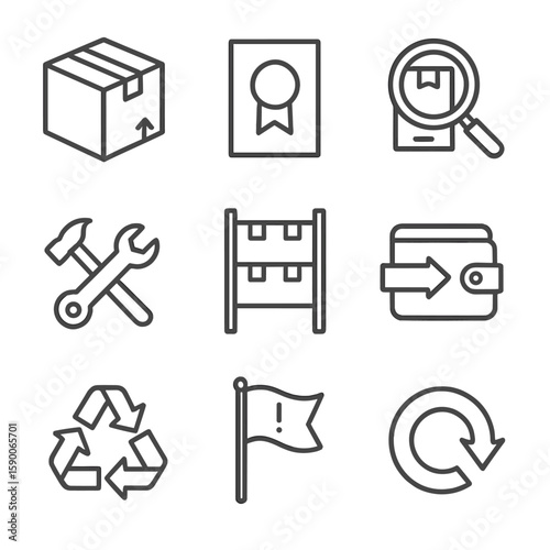 Reverse Logistics Icons. Line style icons of Reverse Logistics Hub: return parcel box, RMA label, inspection magnifier, refurbish