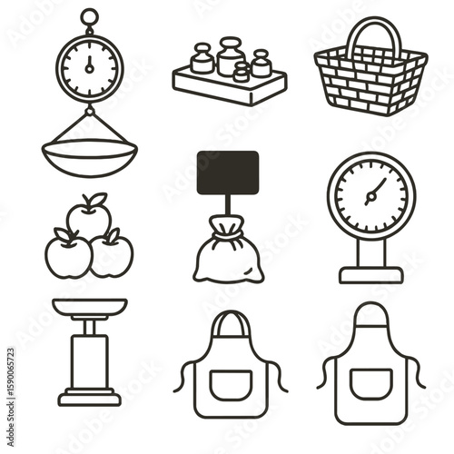 Vintage Produce Scales Icons. Line style icons of Vintage Produce Scales: hanging produce scale, brass weight set, market basket,