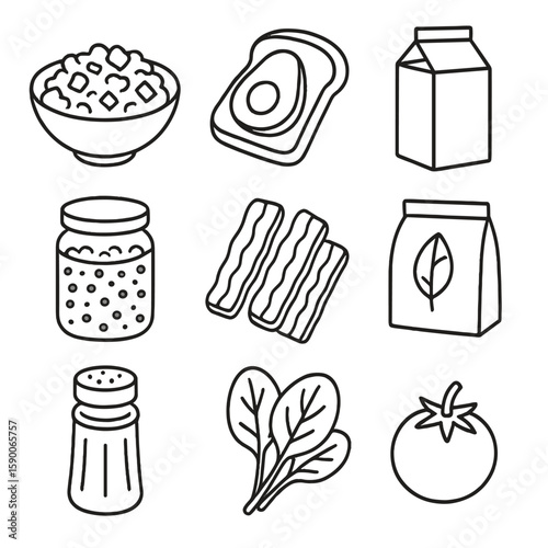 Vegan Breakfast Icons. Line style icons of Vegan Breakfast Staples: tofu scramble, avocado toast, almond milk carton, chia pudding