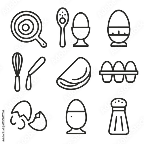 Egg Lover's Icons. Line style icons of Egg Lover’s Kit: skillet fried egg, poached egg spoon, boiled egg cup, egg timer, whisk