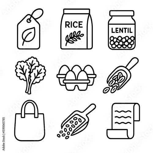 Organic Grocery Icons. Line style icons of Organic Grocery Essentials: organic label tag, brown rice bag, lentil jar, green kale
