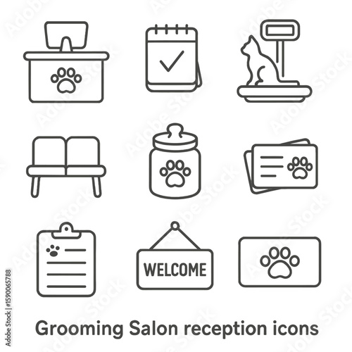 Grooming Salon Essentials. Line style icons of Grooming Salon Reception: check-in counter, appointment book, pet scale, waiting