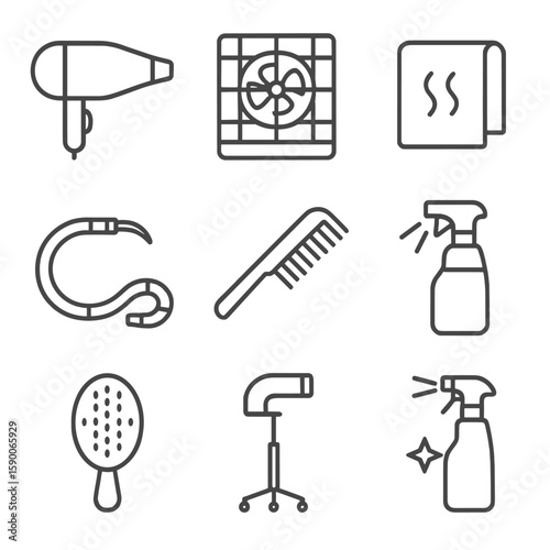Drying and Styling Tools. Line style icons of Drying and Styling: high-velocity dryer, cage dryer, absorbent towel, grooming dryer