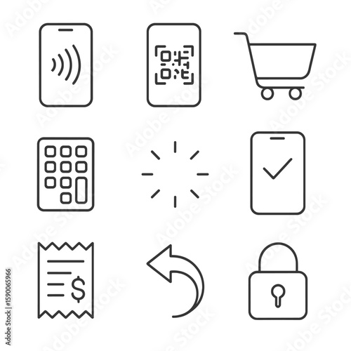 Mobile Payment Icons. Line style icons of Mobile Payment Gateway: NFC phone wave, QR pay code, checkout cart, amount keypad,