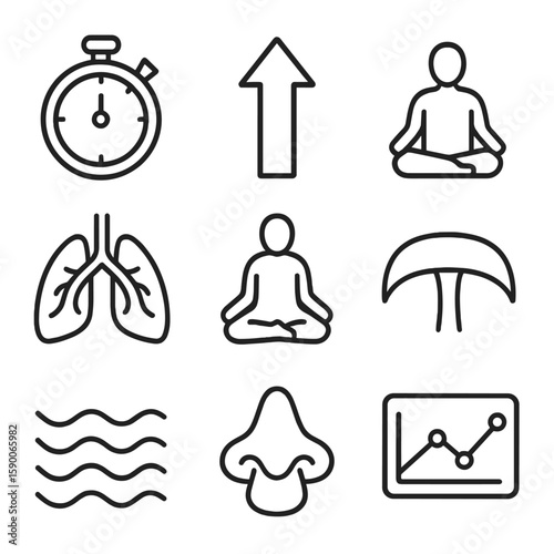 Breathing Exercise Icons. Line style icons of Breathing Exercise Toolkit: breathing timer, inhale arrow, exhale arrow, lung