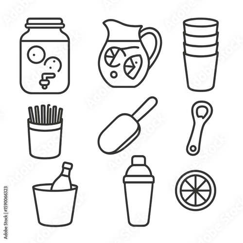 Beverage Station Icons. Line style icons of Beverage Station Setup: drink dispenser jar, lemonade pitcher, reusable cup stack,