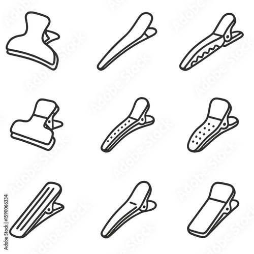 Salon Clip Icons. Line style icons of Professional Salon Section Clips: wide jaw clip, duckbill clip, crocodile clip, double hinge