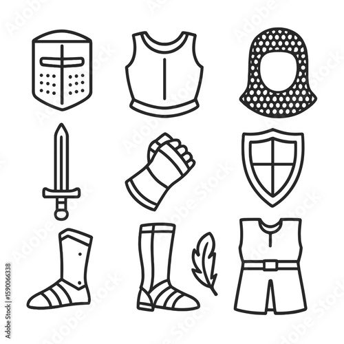 Medieval Knight Armor Icons. Line style icons of Medieval Knight Armor: great helm, breastplate, chainmail hood, shield crest,