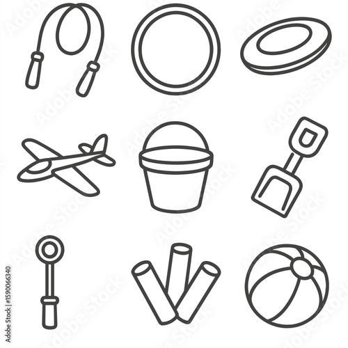 Playground Toy Icons. Line style icons of Outdoor Playground Toys: jump rope, hula hoop, flying disc, foam glider, sand bucket,