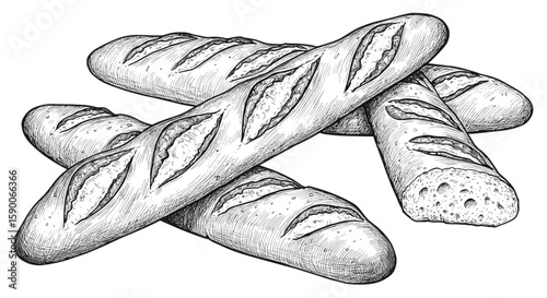 French baguettes stacked aesthetically – vintage ink sketch hand-drawn black and white vector illustration