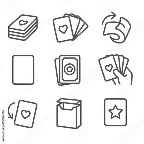 Card Game Icon Set. Line style icons of Card Deck Elements: draw pile stack, discard pile fan, shuffled deck swirl, card sleeve,