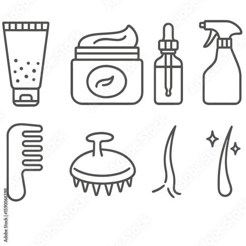 Haircare Essentials Line Icons. Line style icons of Scalp & Hair Treatment: scalp scrub tube, nourishing hair mask jar, argan oil