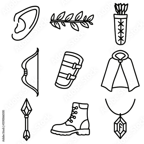 Elf Archer Gear Icons. Line style icons of Fantasy Elf Archer Gear: pointed ear cuff, leaf circlet, leather quiver, recurve bow,