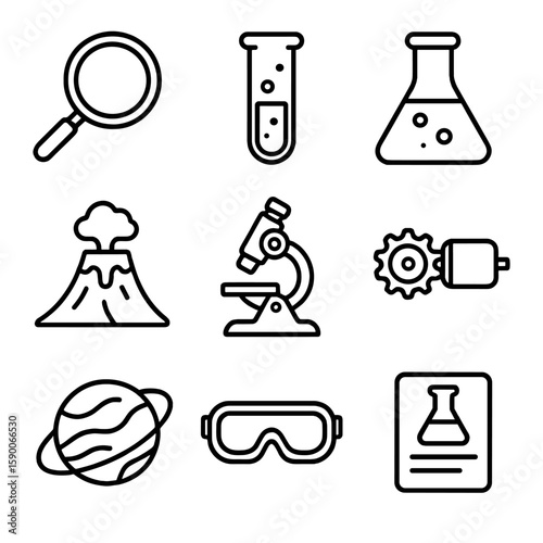 Kids Science Lab Icons. Line style icons of Kids Science Lab Kits: magnifying glass, test tube, beaker flask, volcano model,