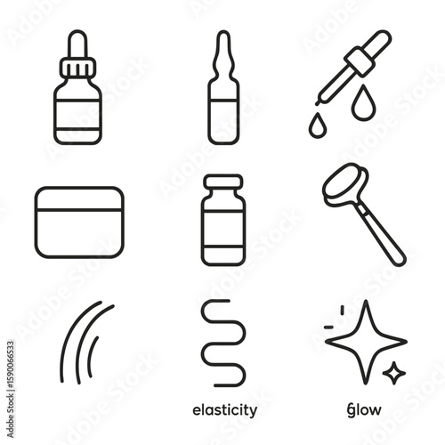Anti-Aging Icon Set. Line style icons of Anti-Aging Actives: retinol serum bottle, vitamin C ampoule, bakuchiol dropper, peptide
