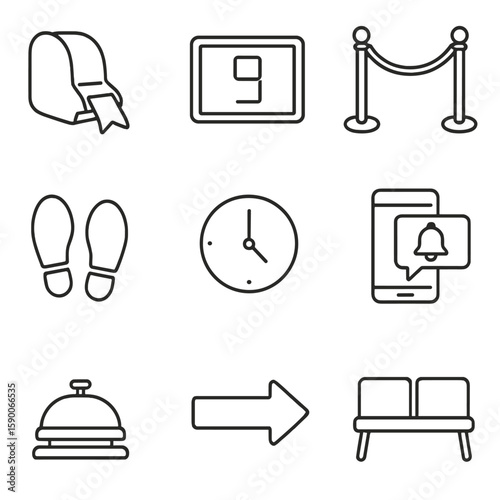 Queue Management Icons. Line style icons of Queue Management: ticket dispenser, digital number screen, stanchion rope, floor