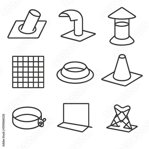 Roof Vent Accessories Icons. Line style icons of Roof Vent Accessories: vent pipe flashing, goose-neck vent, rain cap, bird screen