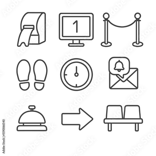 Queue Management Icons. Line style icons of Queue Management: ticket dispenser, digital number screen, stanchion rope, floor