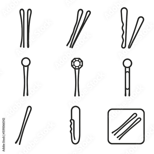 Bobby Pins Icons. Line style icons of Bobby Pins and Grips: classic black pin, blonde match pin, wave grip pin, pearl topped pin,