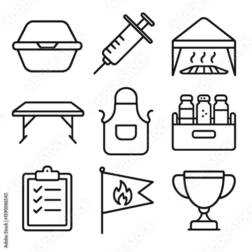 BBQ Competition Icons. Line style icons of BBQ Competition Gear: turn-in box, injector syringe, heat tent, folding prep table,