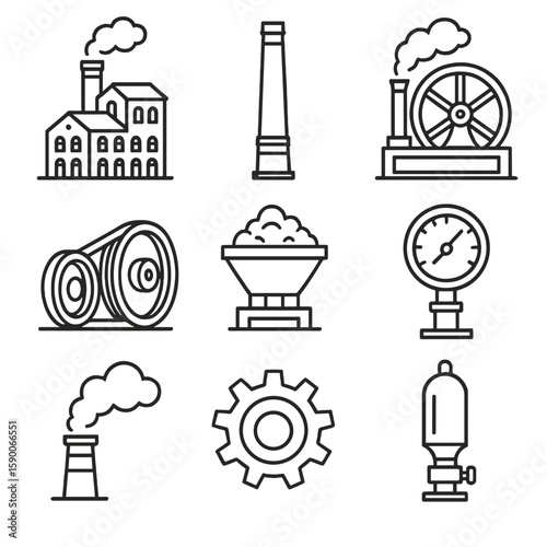 Steam Factory Icons. Line style icons of Steam-Powered Factories: brick mill building, tall chimney stack, steam engine flywheel,