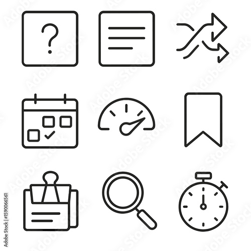 Flashcard Study Icons. Line style icons of Flashcard Study Set: front question card, flipped answer card, shuffle arrows,