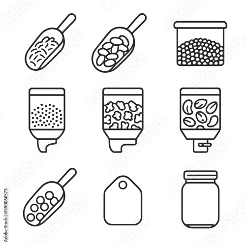 Bulk Bin Icons. Line style icons of Bulk Goods Bins: rice scoop, dry bean scoop, lentil bin, quinoa scoop, granola chute, nut