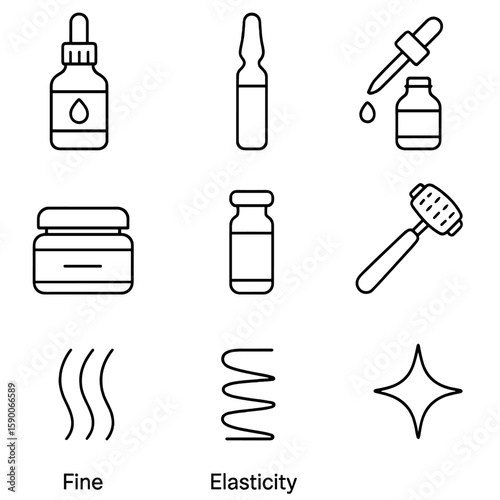 Anti-Aging Icon Set. Line style icons of Anti-Aging Actives: retinol serum bottle, vitamin C ampoule, bakuchiol dropper, peptide