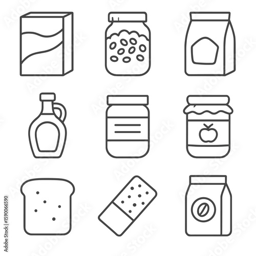 Breakfast Icons Set. Line style icons of Breakfast Basics: cereal box, oatmeal jar, pancake mix bag, maple syrup bottle, peanut
