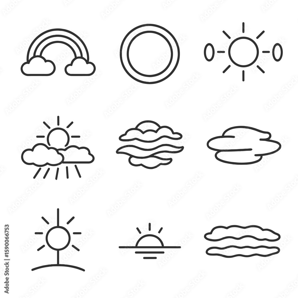 Fototapeta premium Sky Phenomena Icons. Line style icons of Sky Optics Phenomena: rainbow arc, sun halo ring, sundog pair, crepuscular ray beams,