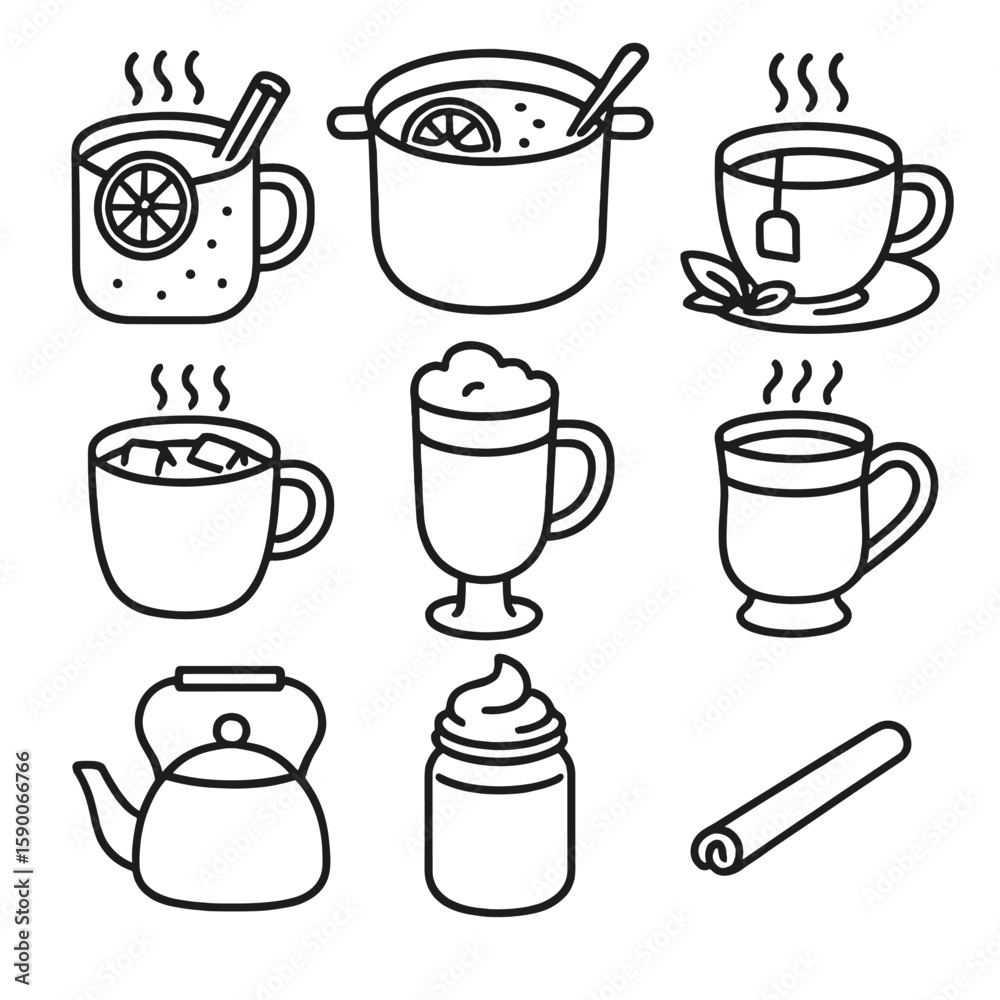 Obraz premium Winter Beverage Icons. Line style icons of Hot Winter Beverages: spiced cider mug, mulled wine pot, herbal tea cup, marshmallow