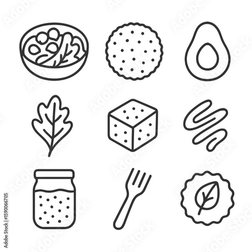 Vegan Power Icons. Line style icons of Vegan Power Lunch: chickpea salad bowl, quinoa patty, avocado half, kale leaf, roasted