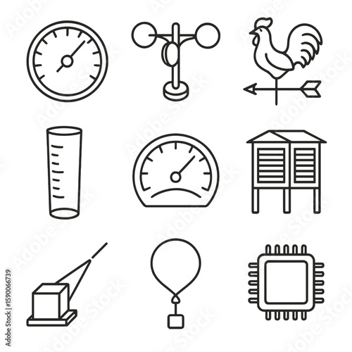 Meteorological Instruments Icons. Line style icons of Meteorological Instruments: barometer dial, anemometer cups, weather vane