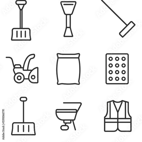 Snow Removal Icons. Line style icons of Snow Removal Tools: snow shovel, ice scraper, snow blower, roof rake, de-icing salt bag,