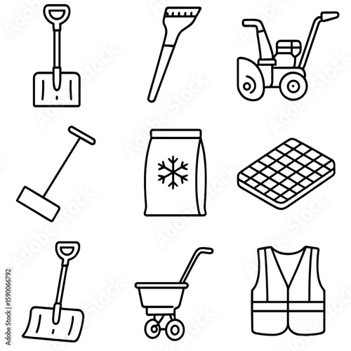 Snow Removal Icons. Line style icons of Snow Removal Tools: snow shovel, ice scraper, snow blower, roof rake, de-icing salt bag,