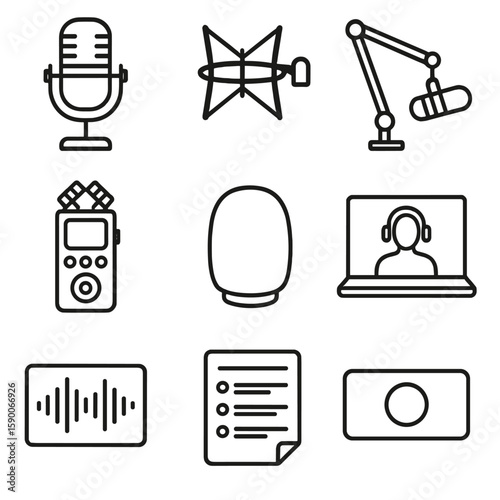 Podcast Creator Icons. Line style icons of Podcast Creator Kit: broadcast mic, shock mount, tabletop boom, audio recorder, foam