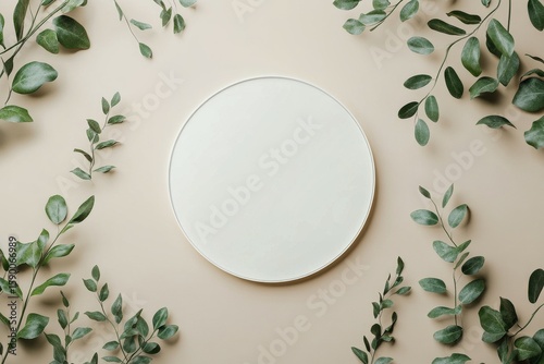 Circular White Plate Surrounded by Fresh Green Leaves on a Light Background C...