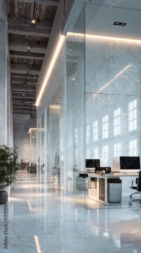 Modern Office Design Featuring Glass Walls and Natural Lighting With Greenery.