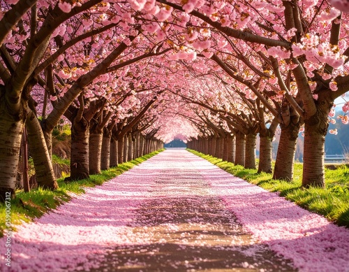 A pathway lined with cherry blossom trees