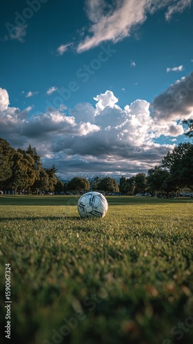 Soccer Ball Rests on Green Grass Under a Blue Sky With Clouds at a Park Durin...
