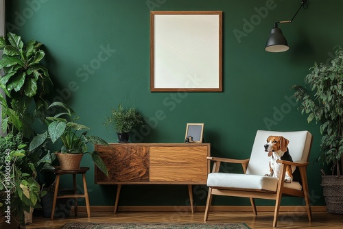 Cozy Living Room With Plants, Wooden Furniture, and a Dog Resting in a Basket.