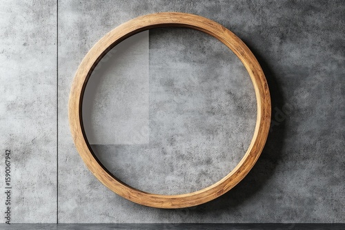 Modern Round Wooden Frame Displayed Against a Textured Gray Wall in a Contemp...