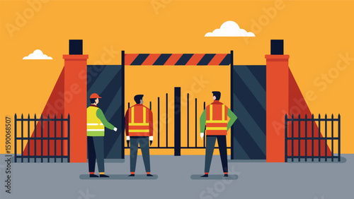 A temporary fence with a gate can be seen the only entrance and exit to this massive site manned by security guards in reflective vests.. Vector illustration