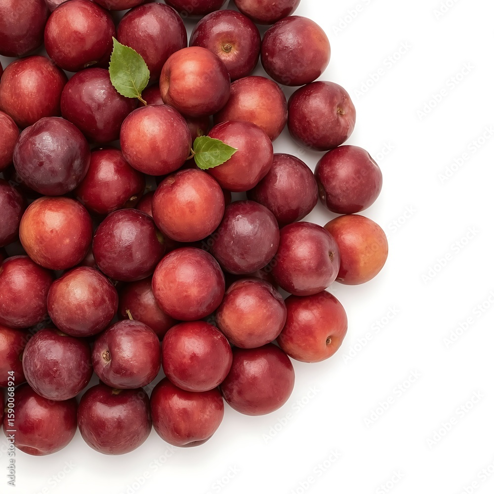Ripe Chinese Plums with Green Leaf Isolated on White Background – Fresh Fruit Image with Clipping Paths for Design and Commercial Use Ripe Chinese Plums with Green Leaf Isolated on White Background – Fresh Fruit Image with Clipping Paths for Design and Commercial Use