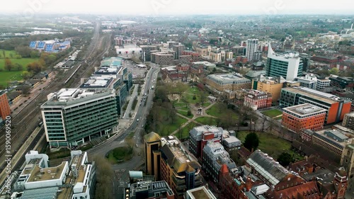 Aerial shot over Reading Forbury Gardens Park Berkshire UK
